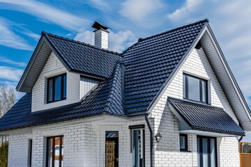 Obraz premium Elegant White House with Black Roof Under Azure Sky, Showcasing Diverse Rooftop Styles and Their Aesthetic Impact on Home Design
