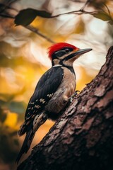 Fototapeta premium An active woodpecker in the forest, perched on a tree, highlighting its colorful feathers and fast movement. Close-up of a woodpecker as it searches for insects in the natural landscape.