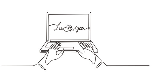 girl who is writing
love you on laptop continuous one line hand drawn minimalist design.isolated on white background