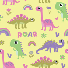 Cute seamless pattern with dinosaurs. Colorful print with cute dinosaurs for kids on yellow background. 