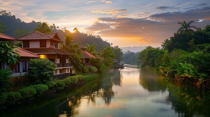 Obraz premium Serene Riverfront Sunrise in a Tropical Paradise