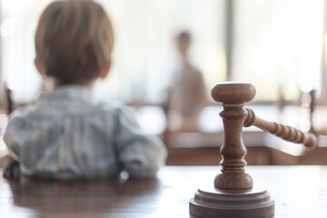 Legal judge s gavel close up with blurred child in background, symbolizing child custody concept