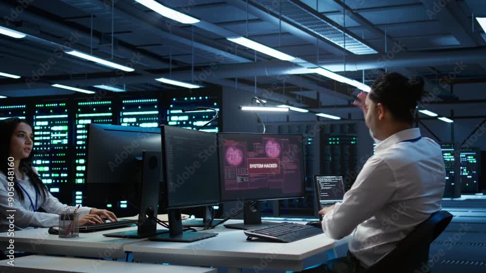 Poster computer scientists in server room protect hardware from hacker attack stealing sensitive informatio