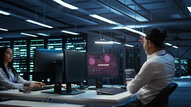 Computer scientists in server room protect hardware from hacker attack stealing sensitive information. Data center cybersecurity division teamworking colleagues fighting security breach, camera B