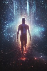 Fototapeta premium 量子テレポーテーション：量子粒子に溶ける人間のシルエットとコピースペース