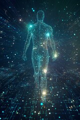 量子テレポーテーション：量子粒子に溶ける人間のシルエットとコピースペース