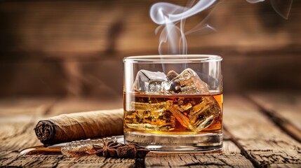 Glass of whiskey with ice and cigar on wooden table.