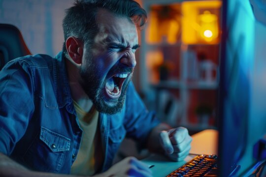 Frustrated gamer screaming in anger yelling at computer screen after losing