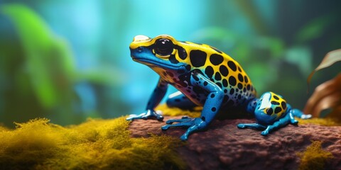 Fototapeta premium Poison dart frog on vibrant rainforest floor displaying striking colors and patterns