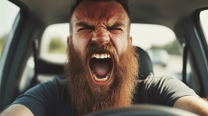 road rage incident closeup bearded young man yelling from vehicle