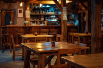 Interior of a empty restaurant with wooden tables