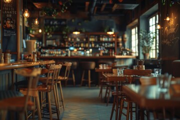 Interior of a empty restaurant with wooden tables
