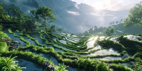 Rice Terraces in the Mountains with Stunning Sunrise