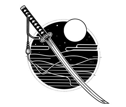 recommend clip art: katana sword with line art style logo vector illustration. japanese, weapon, samurai