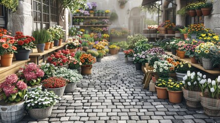 Cobblestone Path Lined with Flower Pots.