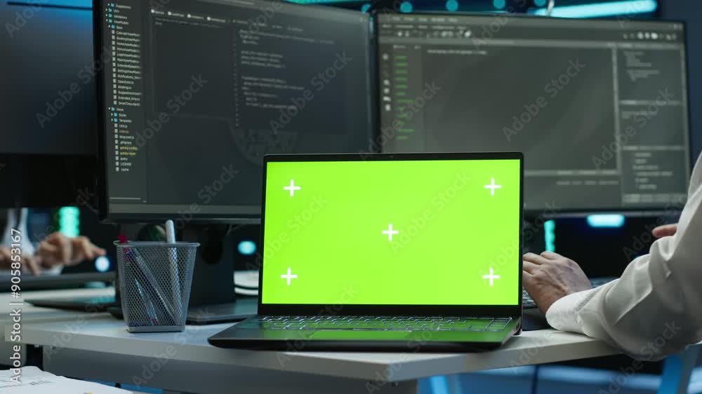 Poster system administrator in data center installing software on isolated screen laptop, troubleshooting i