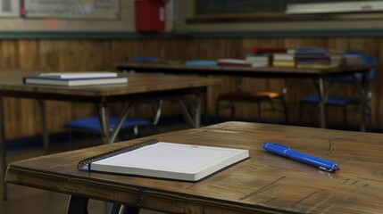 Empty Notebook on Wooden Desk in Classroom.