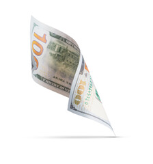 One Hundred Dollar Bill Floating Down To Surface with Drop Shadow Isolated. Transparent PNG.