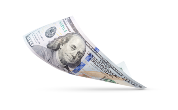 One Hundred Dollar Bill Floating Down To Surface with Drop Shadow Isolated. Transparent PNG.