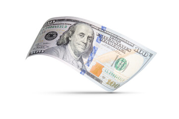 One Hundred Dollar Bill Floating Down To Surface with Drop Shadow Isolated. Transparent PNG.