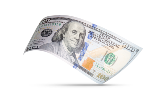 One Hundred Dollar Bill Floating Down To Surface with Drop Shadow Isolated. Transparent PNG.