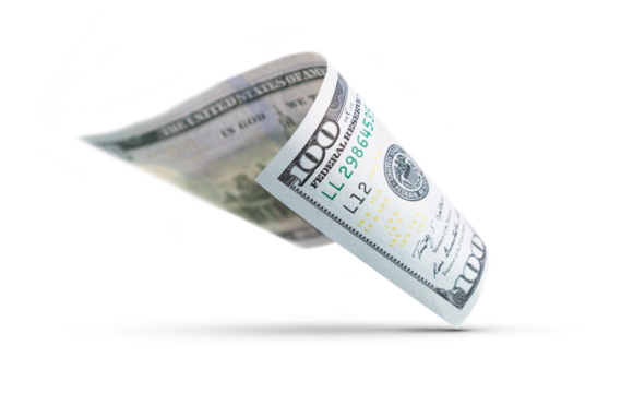 One Hundred Dollar Bill Floating Down To Surface with Drop Shadow Isolated. Transparent PNG.