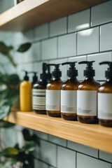 Image of hair and body wash products with a white blank label on them, dispenser on a shelf in a shower room