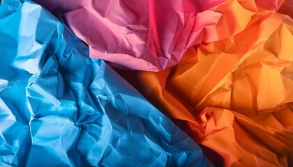 abstract background with crumpled paper in neon gradient vivid blue pink and orange colors