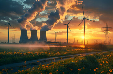 Wind Turbines and Nuclear Power Plant at Sunset