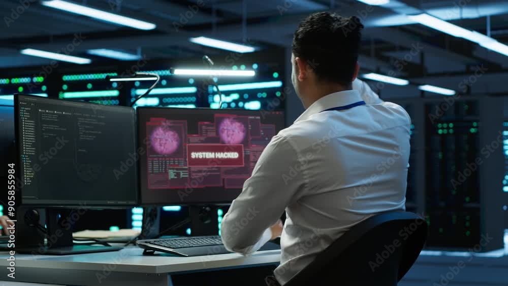 Poster computer scientists in server room protect hardware from hacker attack stealing sensitive informatio