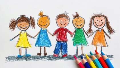 A drawing of a family children holding hands.