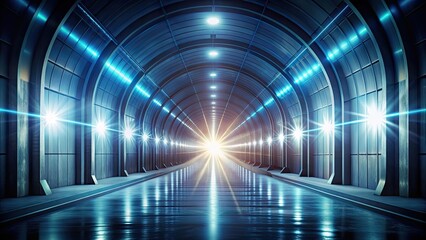 Abstract of a tunnel with light effects, highlights, and columns on a dark background, abstract, fantastic