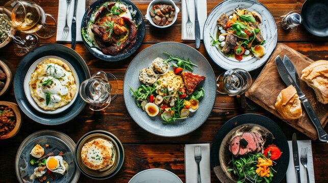 Delicious and varied dishes on a wooden table in a restaurant