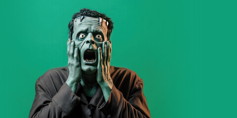 Shocked Surprised Halloween Frankenstein Monster on a Green Background with Space for Copy