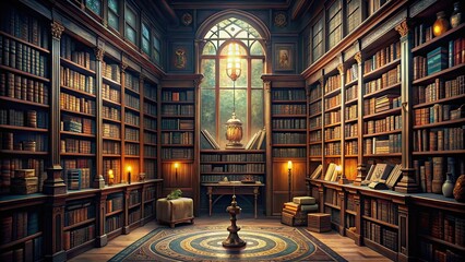 Obraz premium Library of Elemental Knowledge with vast collection of ancient tomes and mystical artifacts, mystical, ancient, tomes