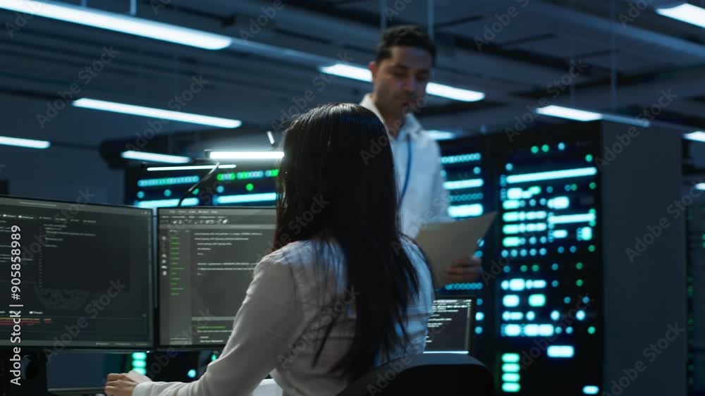 Poster team of researchers in data center monitoring security threats using pc, implementing cybersecurity 