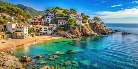 Beautiful coastal landscape in a touristic beach village in Costa Brava, Catalonia, Mediterranean Sea