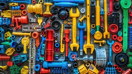 Colorful plastic tools and objects arranged in a grid pattern.