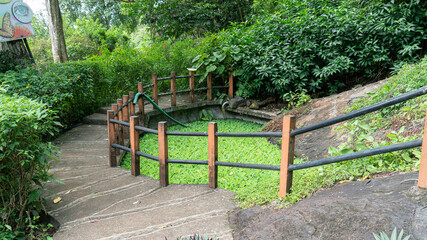 A beautiful path in a garden with rising steps.