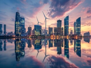 Fototapeta premium Sustainable urban landscape green city skyline with wind turbines mirrored in water at sunset