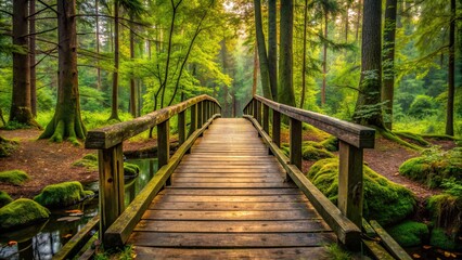 Obraz premium Old wooden bridge in a secluded forest surrounded by trees , nature, forest, wooden, bridge, aged, rustic, path, pathway