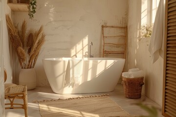 Modern boho bathroom in light beige tones, super realistic photography shot for interior inspiration