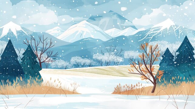 Snowy winter scene with trees grass and mountains