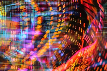 Neon binary code grid with abstract swirling shapes for captivating digital art display