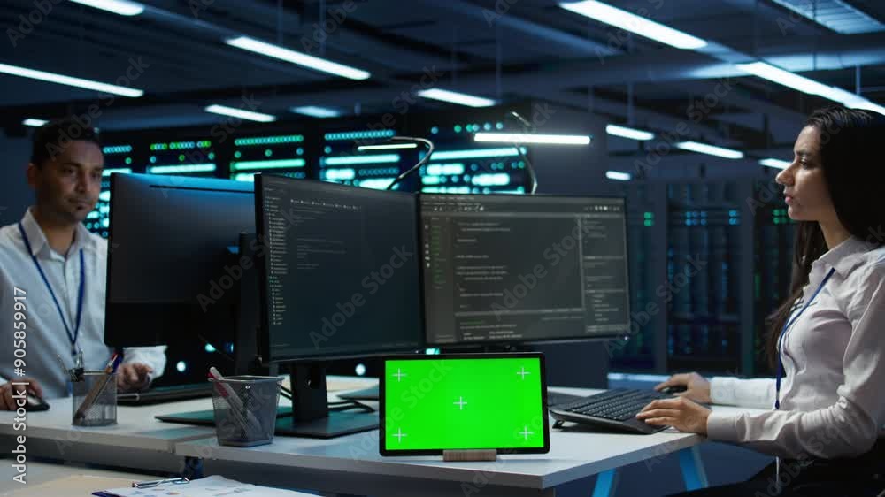 Poster data center developer responsible for installation of networking equipment solving tasks on green sc