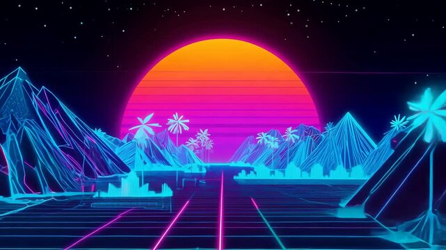 Motion on empty road on tropical beach on sunset in synthwave style. Highway to horizon. 80s, 90s. Vaporwave, retrowave, sci-fi futuristic concept. Retro grid background. Neon futuristic laser space.