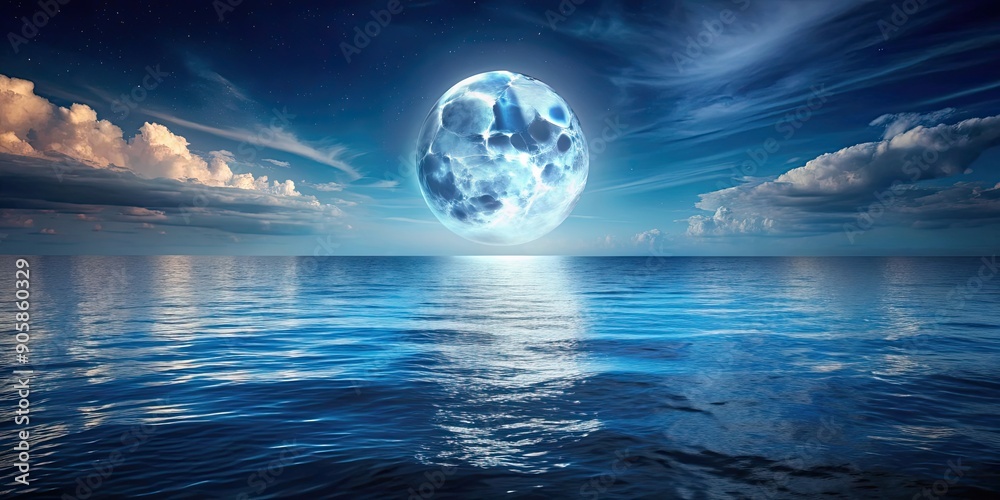 Wall mural Sea landscape at night with a view of the sea and the moon, moon, ocean, night, stars, tranquil, peaceful, serene, beauty