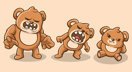 Collections illustration of a bear that is angry but looks very cute, character design, sticker design, digital design, illustration art, children illustration