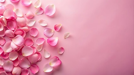 Obraz premium Pink rose petals scattered on a soft pink background, rose, petals, flowers, pink, background, texture, romantic, beauty, soft