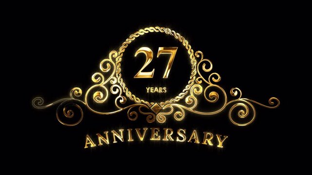 27th Anniversary Celebration. Happy 27 Years Anniversary Animation in Gold Color on the Transparent Background, Alpha Channel. Great for greetings, celebrations, events, and gifts.